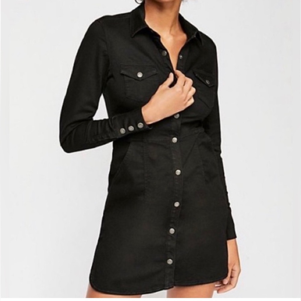 FREE PEOPLE Women’s Dynomite Shirt Dress Black Denim With Pockets Size XS